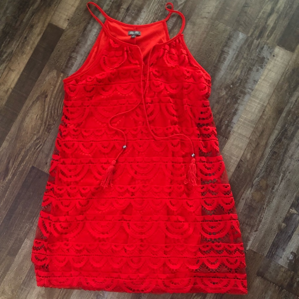 Red lace spaghetti strap mini dress